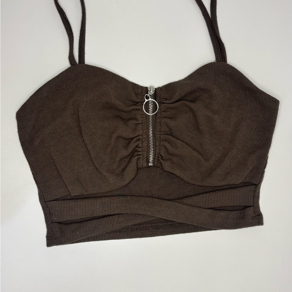 Active USA Brown Sleeveless Ruched Crop Top
